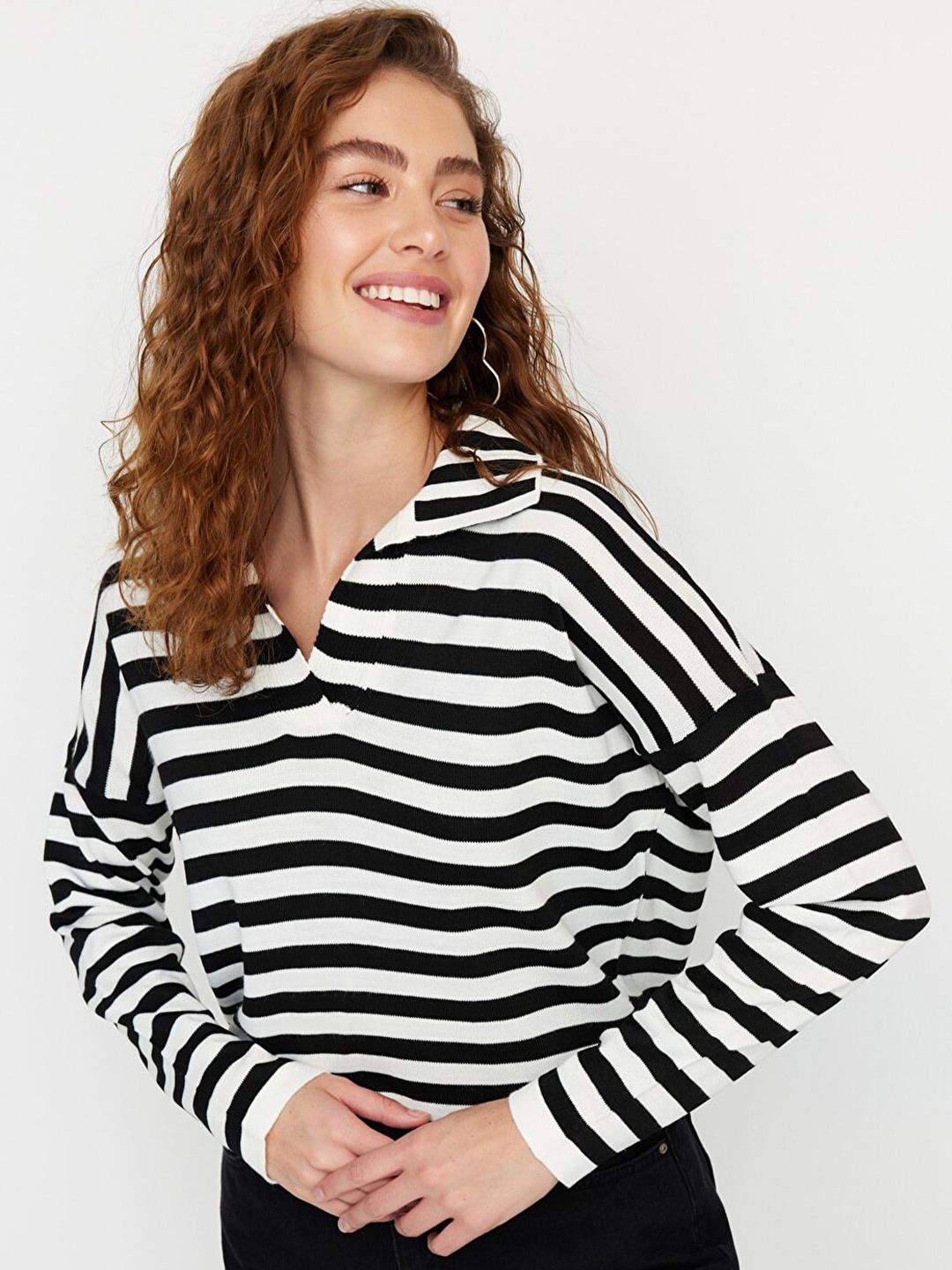 

Trendyol Women Off White & Black Striped Pullover