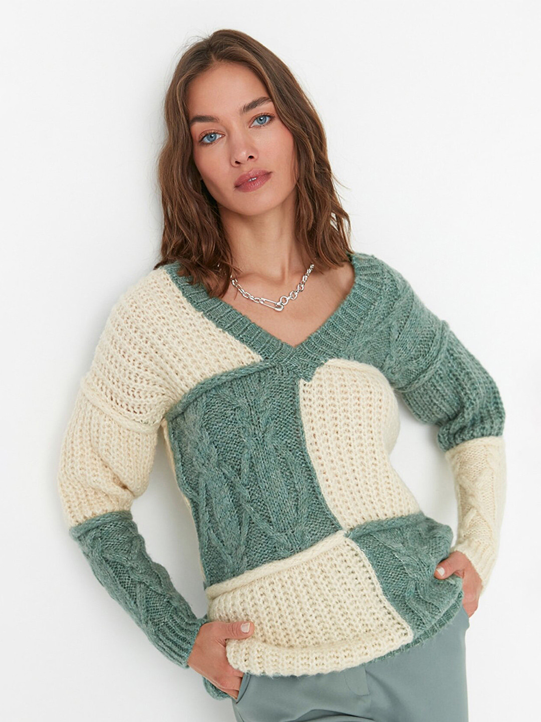

Trendyol Women Green & Beige Cable Knit Pullover
