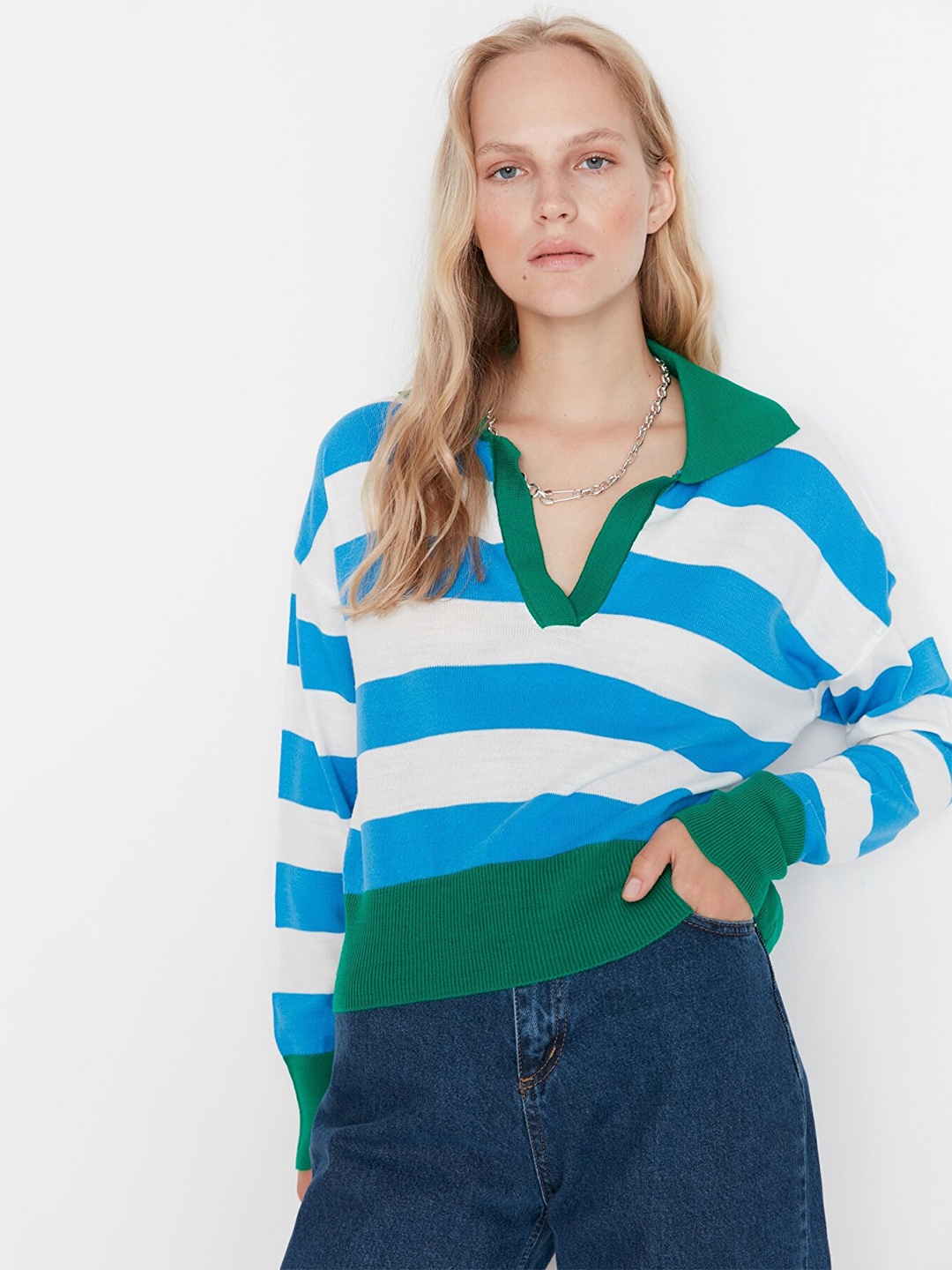 

Trendyol Women Green & Blue Striped Pullover