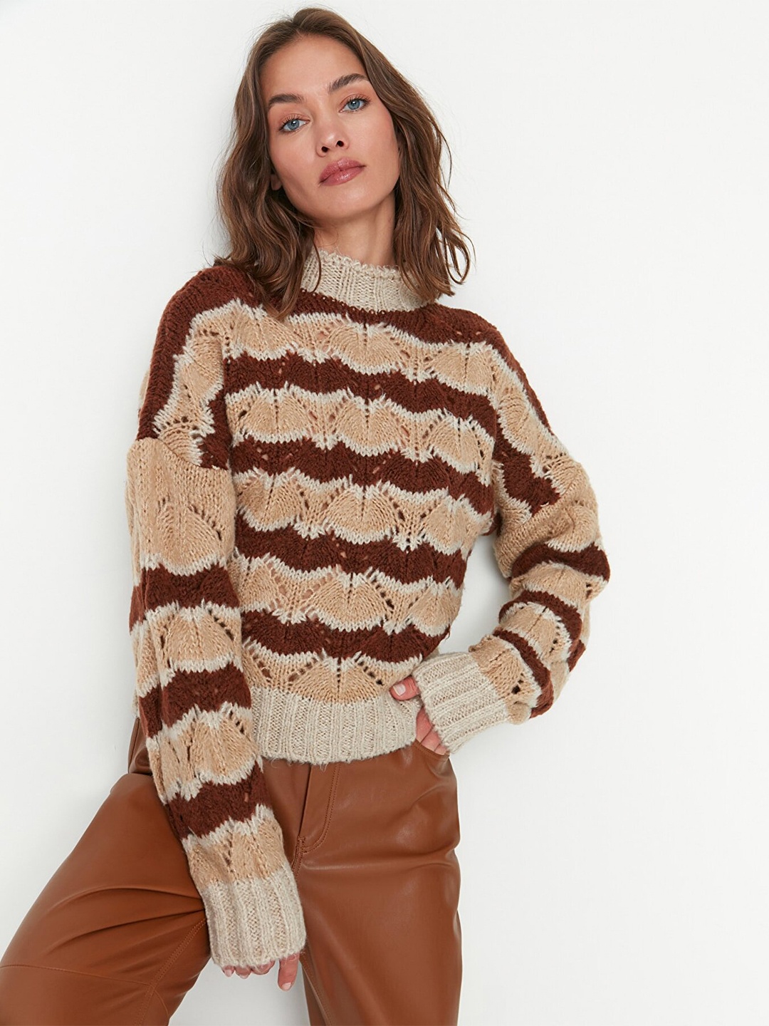 

Trendyol Women Brown & Beige Striped Pullover