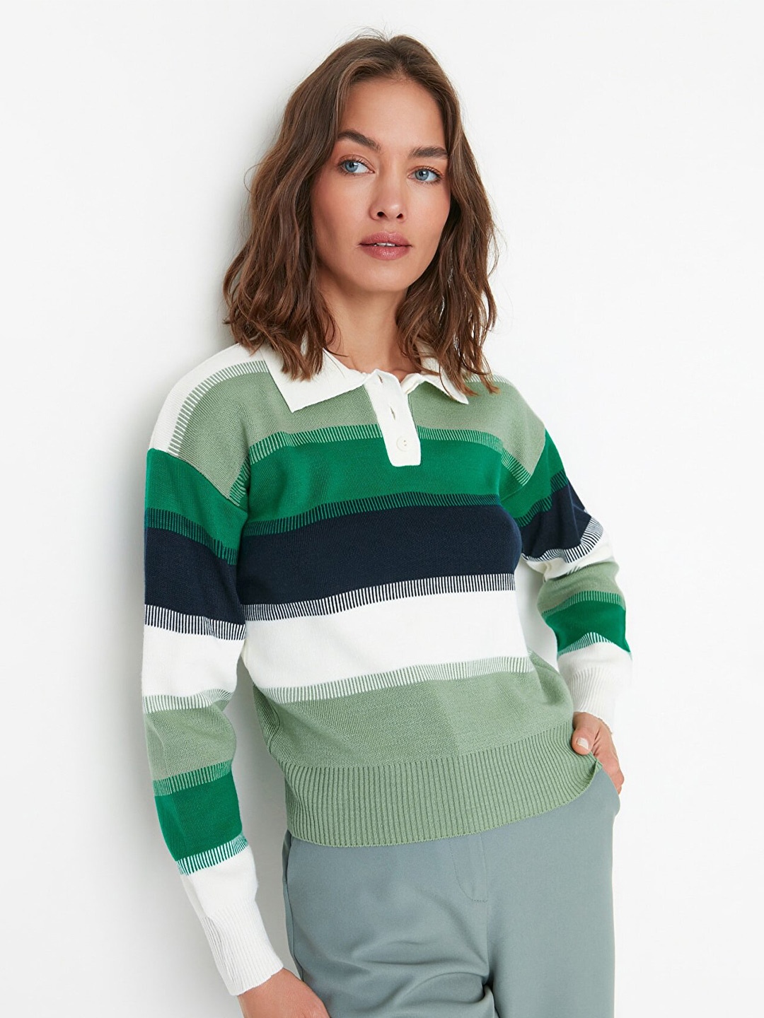 

Trendyol Women Green & White Striped Pullover