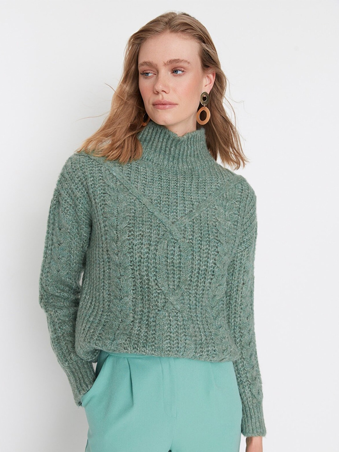 

Trendyol Women Green Cable Knit Pullover