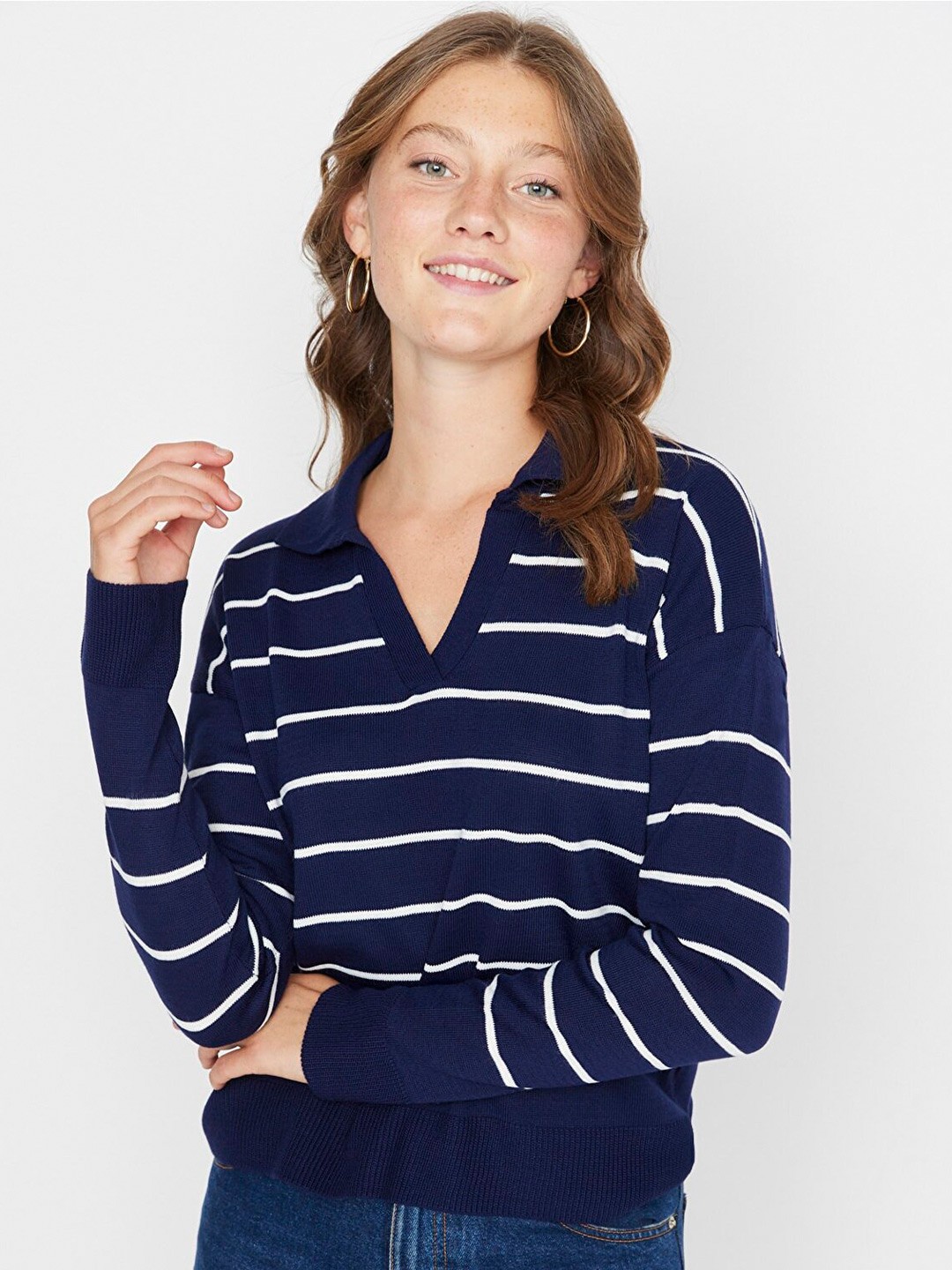 

Trendyol Women Navy Blue & White Striped Pullover