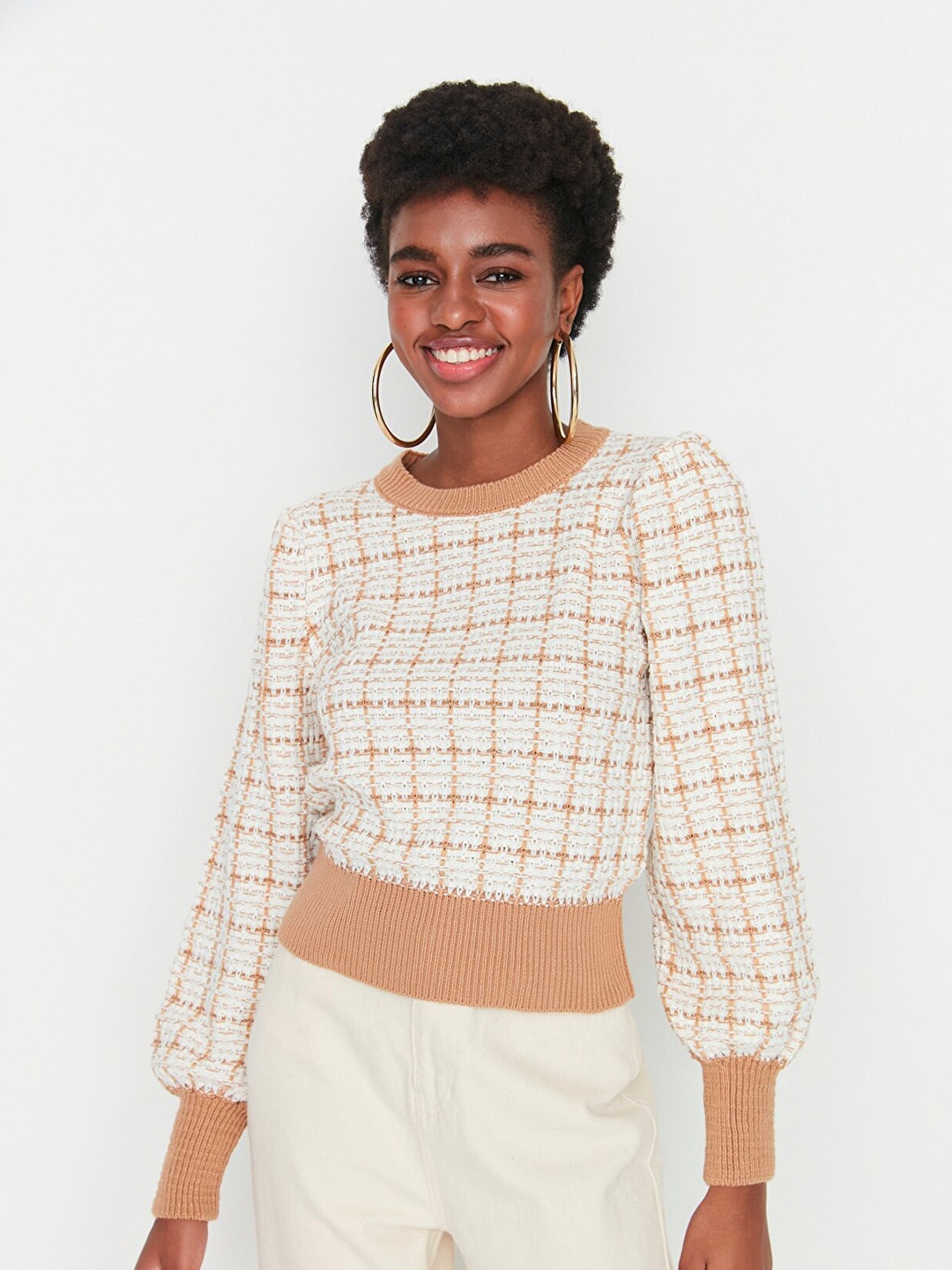 

Trendyol Women Camel Brown & White Checked Pullover