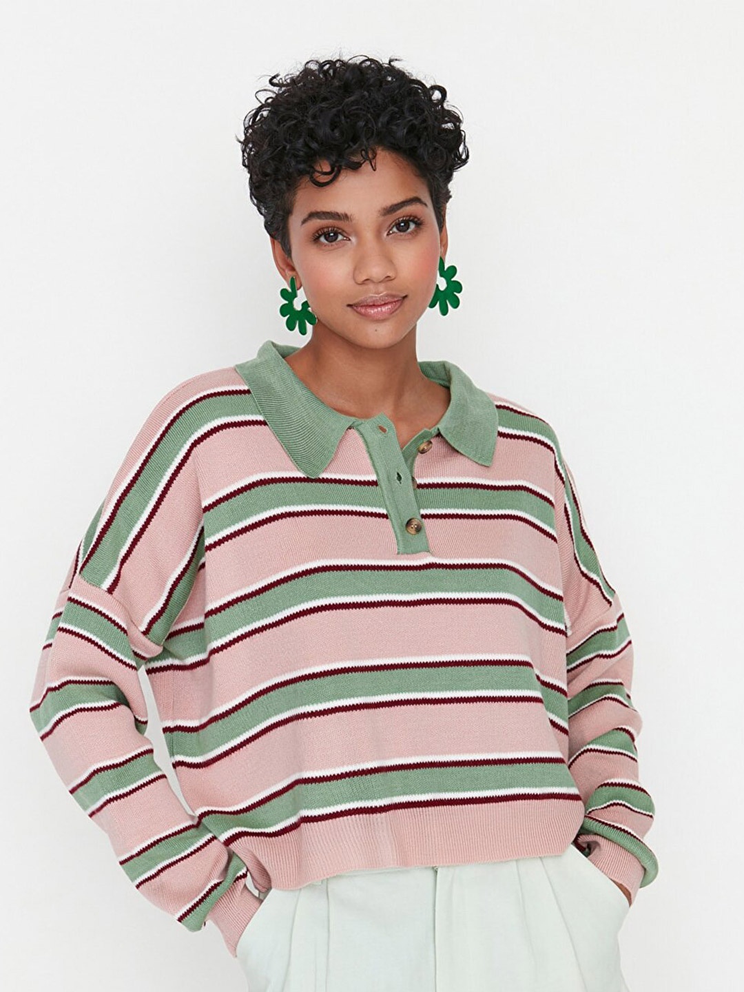 

Trendyol Women Green & Pink Striped Crop Pullover