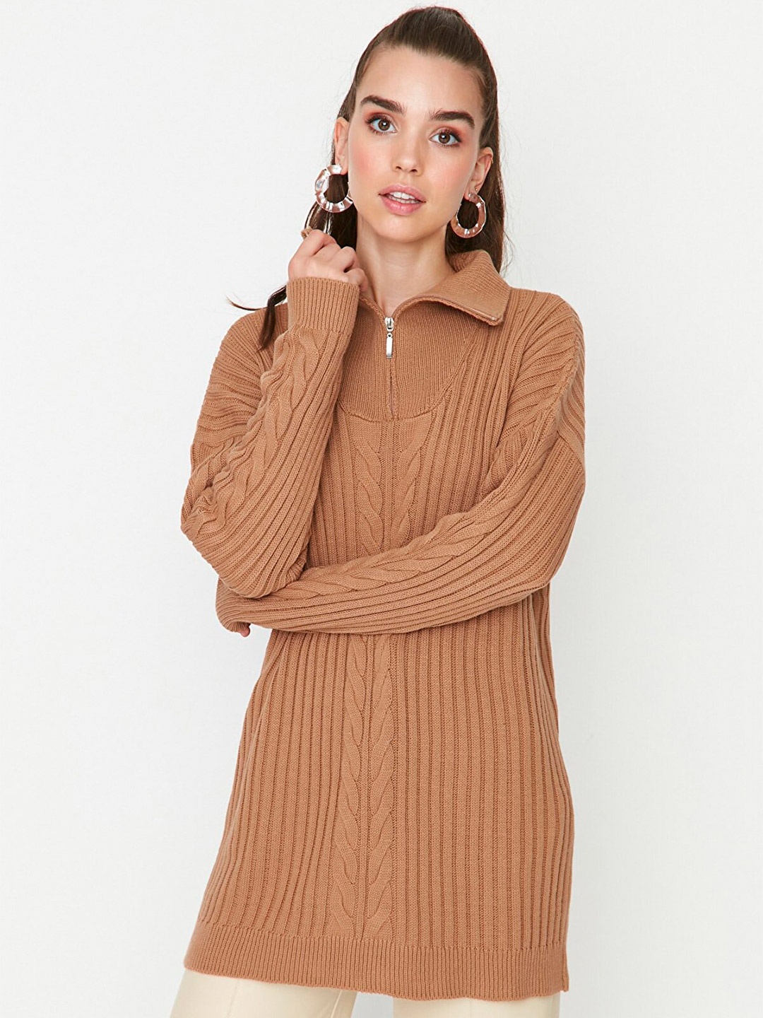 

Trendyol Women Camel Brown Cable Knit Longline Pullover