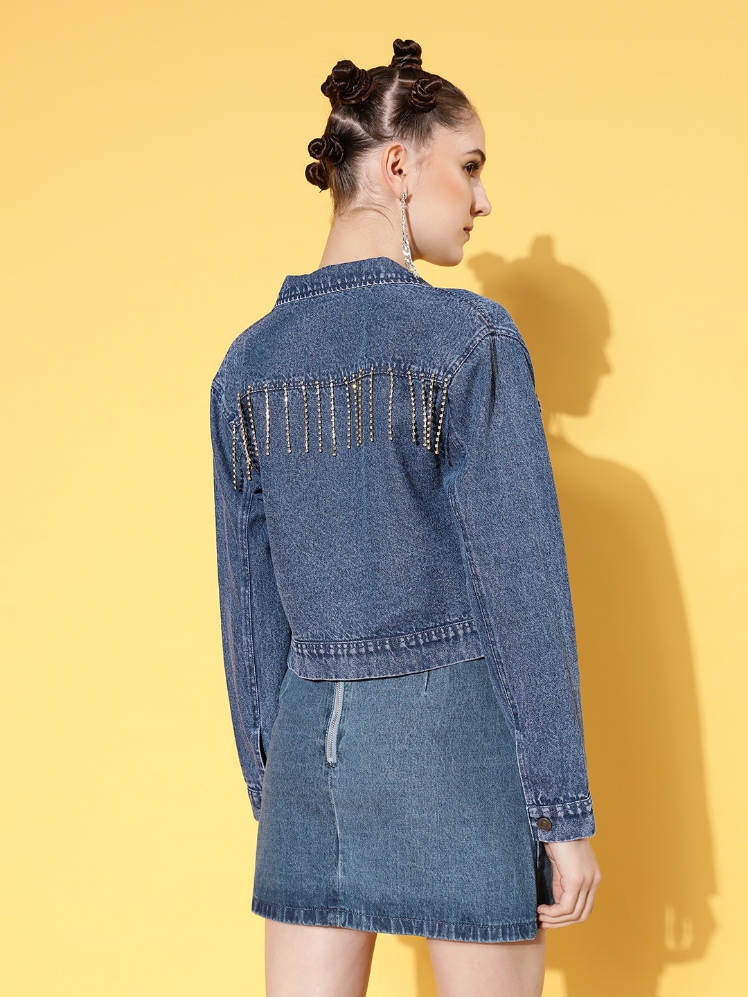 

SASSAFRAS Women Navy Blue Diamante Chain Denim Jacket