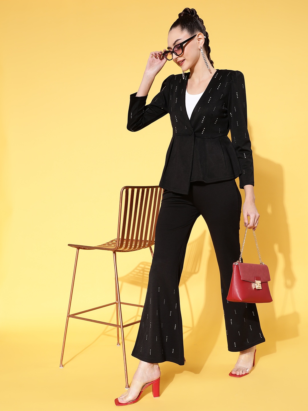 

SASSAFRAS Women Black Sequined Single-Breasted Blazer