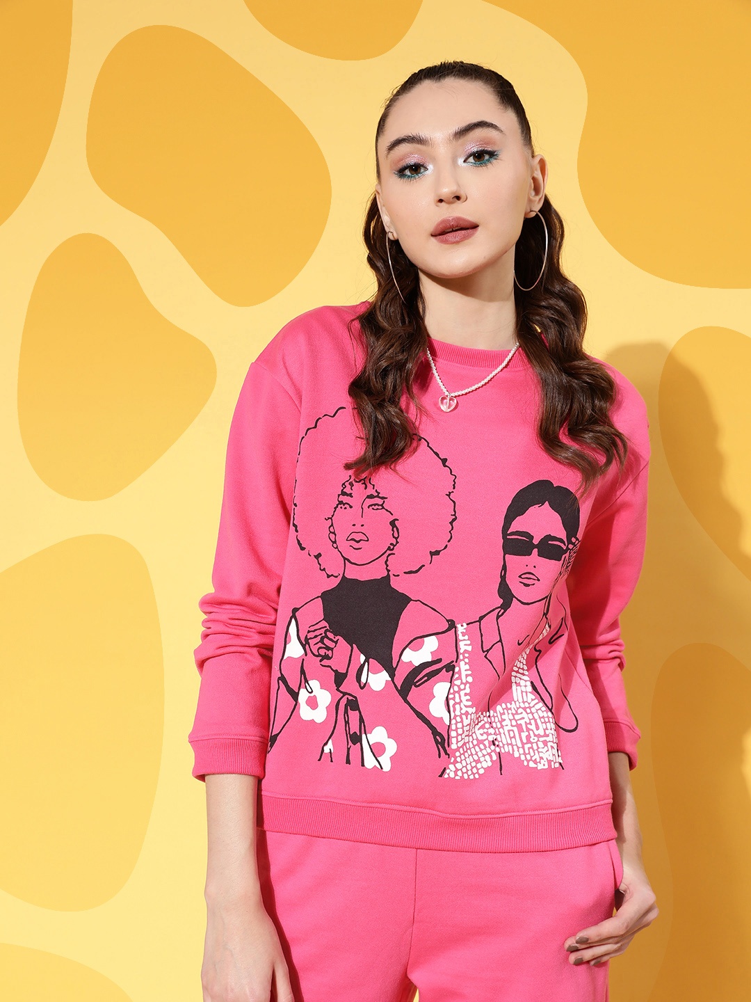 

SASSAFRAS Women Fuchsia Pink Line Art Printed Fleece Sweatshirt