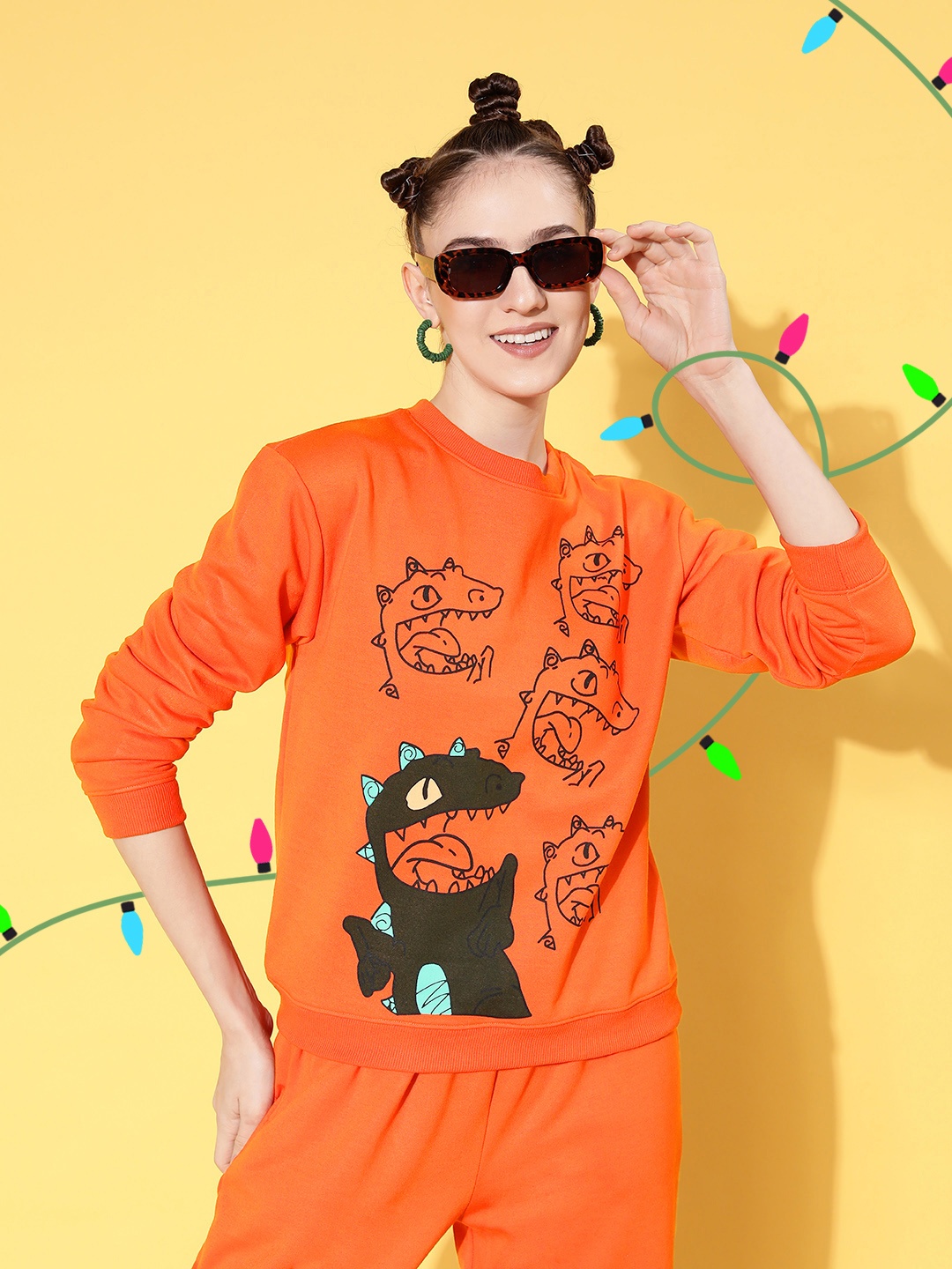

SASSAFRAS Women Orange Dragon Printed Fleece Sweatshirt