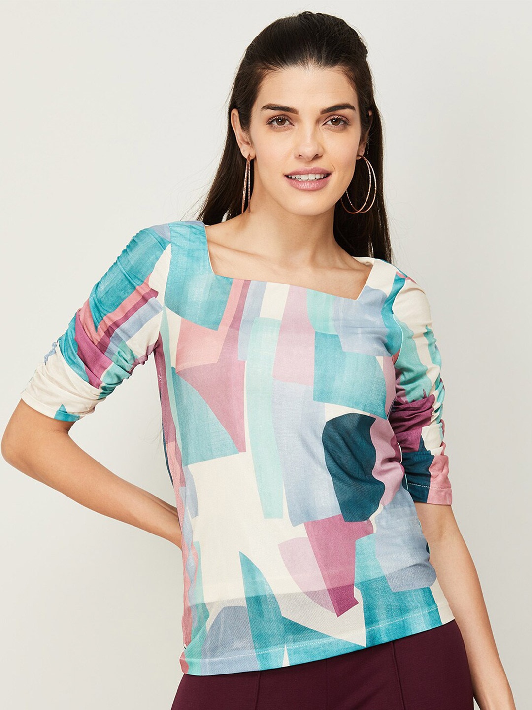 

CODE by Lifestyle Women Off White & Green Geometric Print Top
