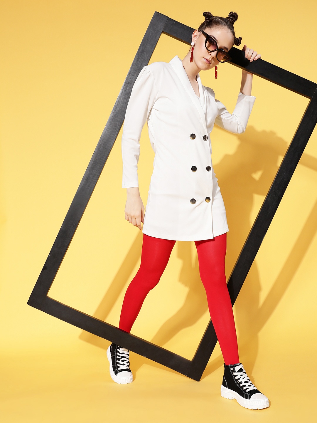 

SASSAFRAS White Solid Double Breasted Blazer Dress