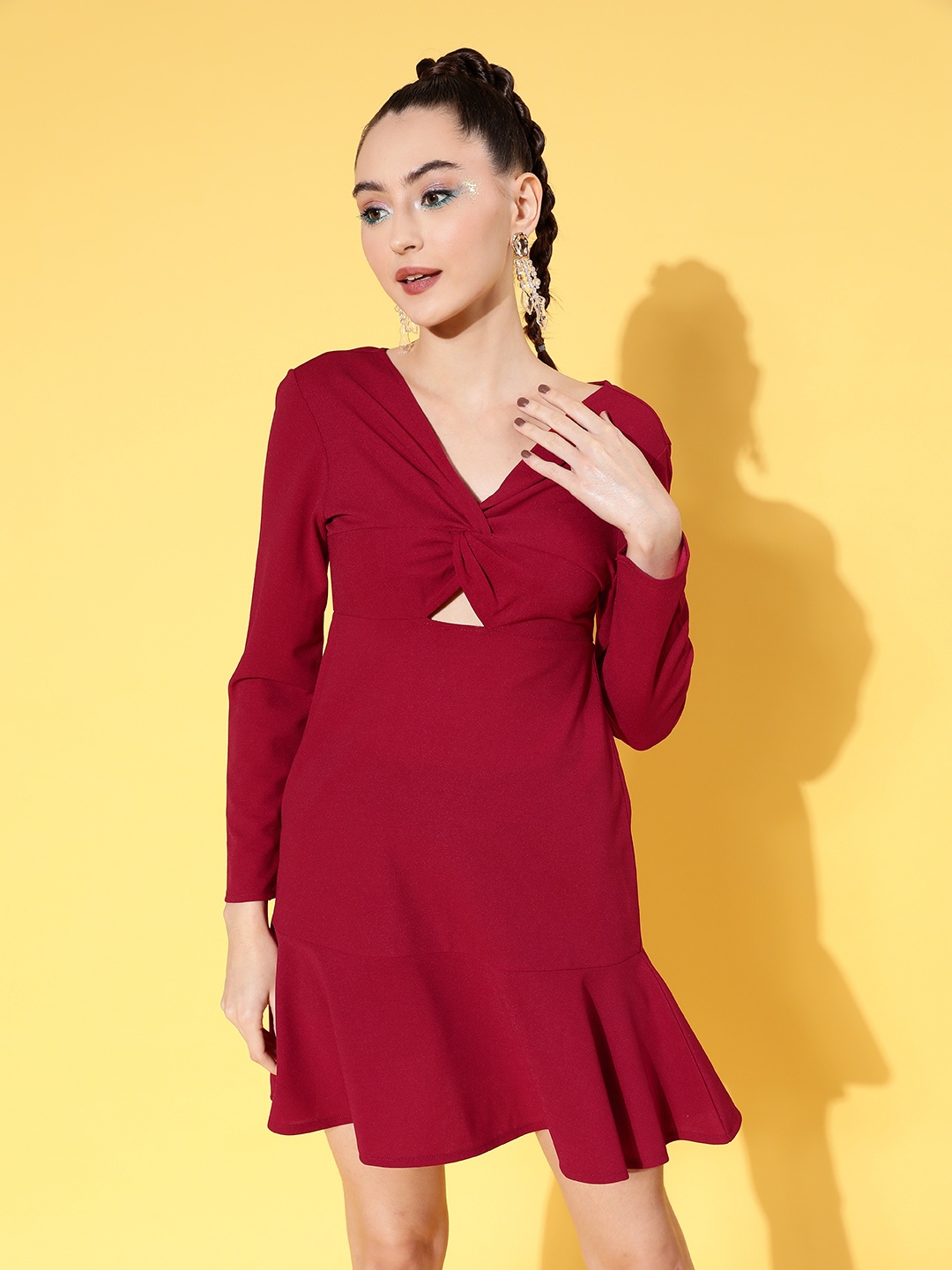 

SASSAFRAS Red Solid Empire Dress with Cut Out Detail