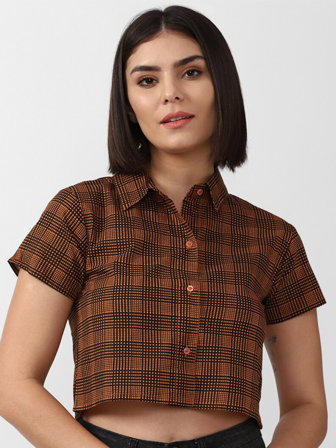 

FOREVER 21 Women Tartan Checked Pure Cotton Crop Casual Shirt, Brown