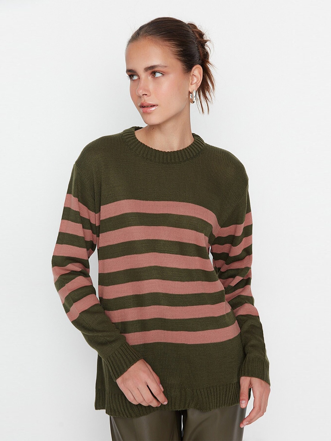 

Trendyol Women Khaki & Pink Striped Pullover