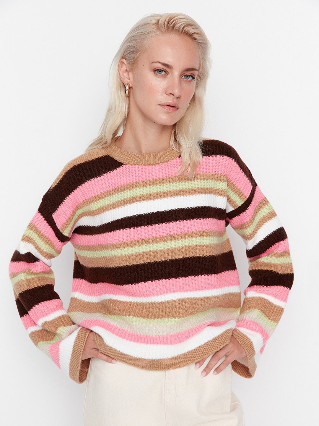 

Trendyol Women Camel Brown & Pink Striped Striped Pullover