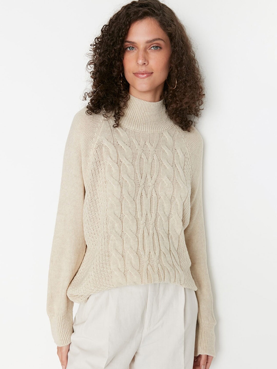 

Trendyol Women Beige Cable Knit Acrylic Longline Pullover