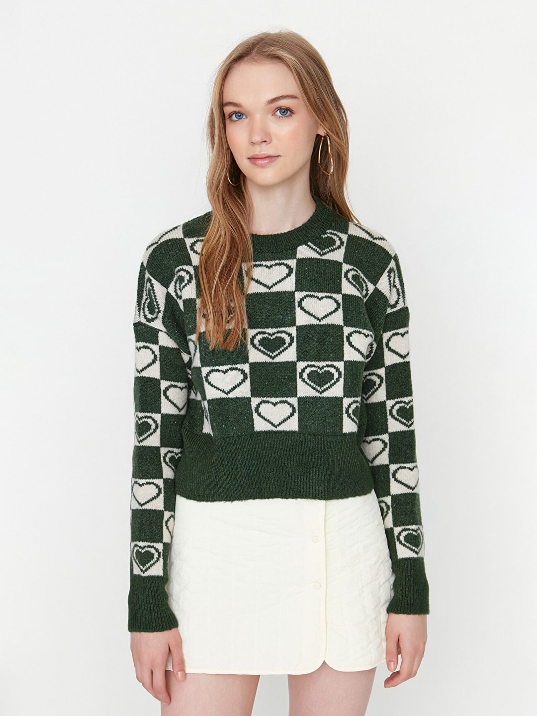 

Trendyol Women Green & White Cable Knit Acrylic Pullover