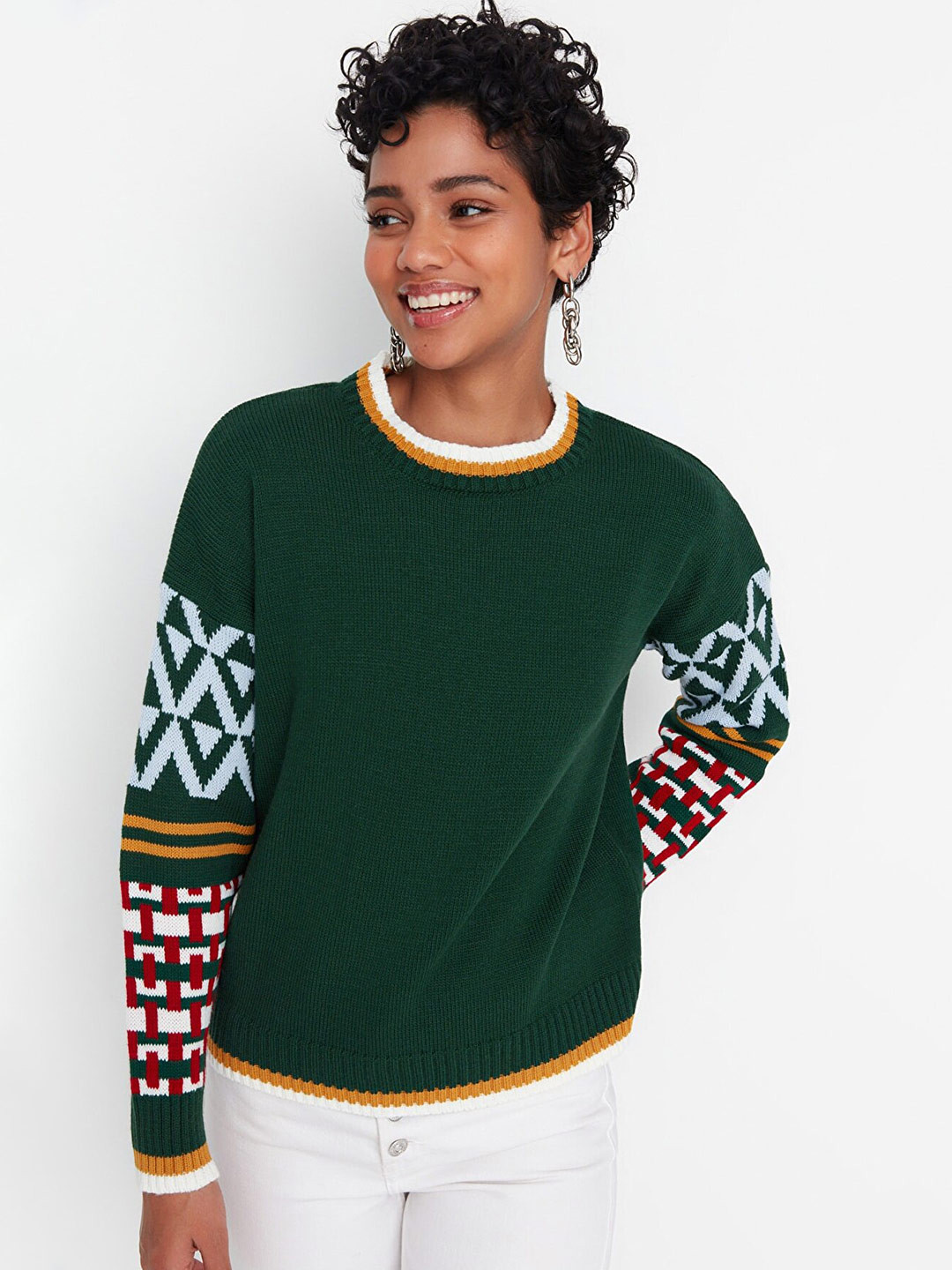 

Trendyol Women Green & White Acrylic Pullover