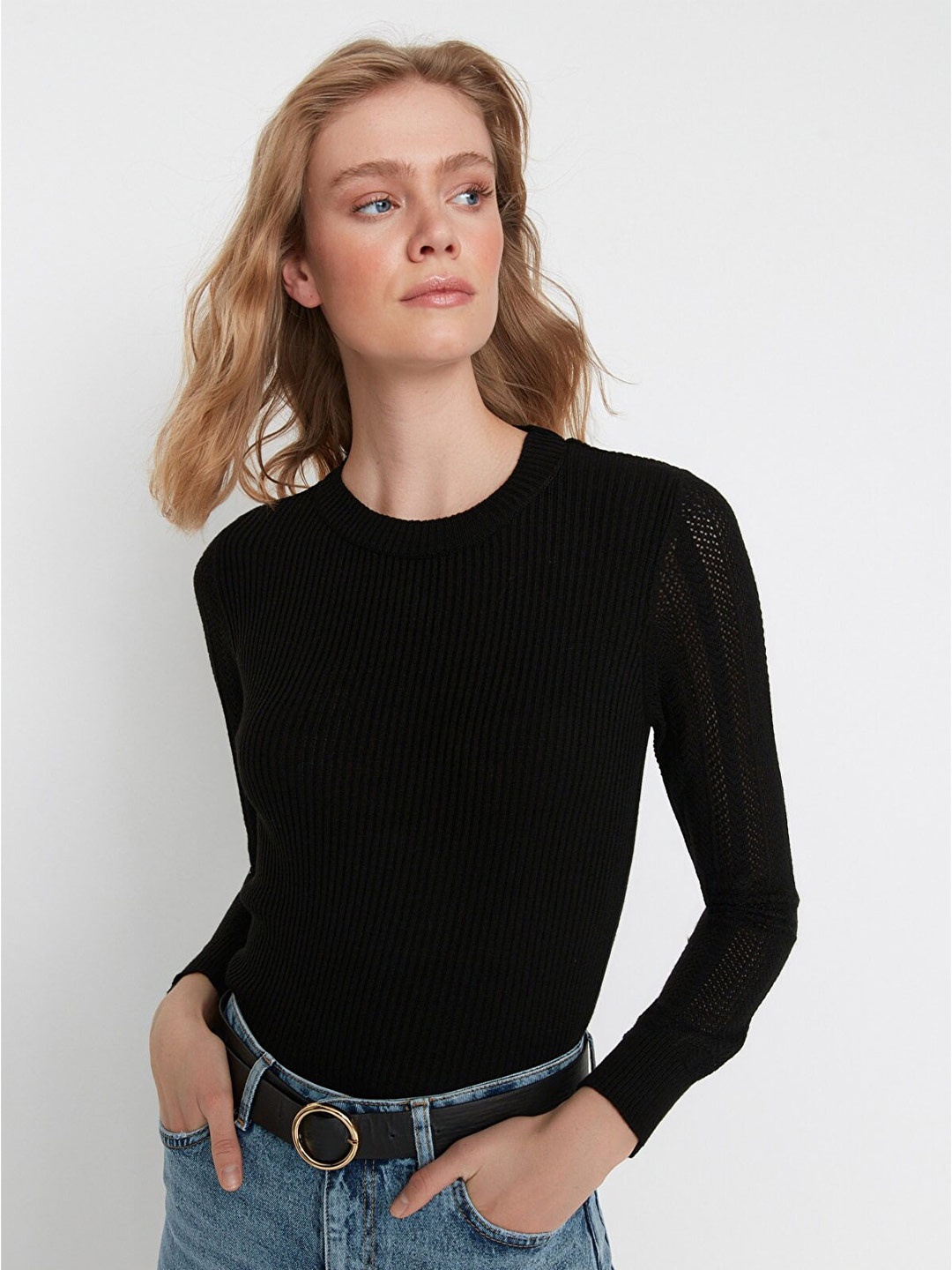 

Trendyol Women Black Striped Ribbed Pullover