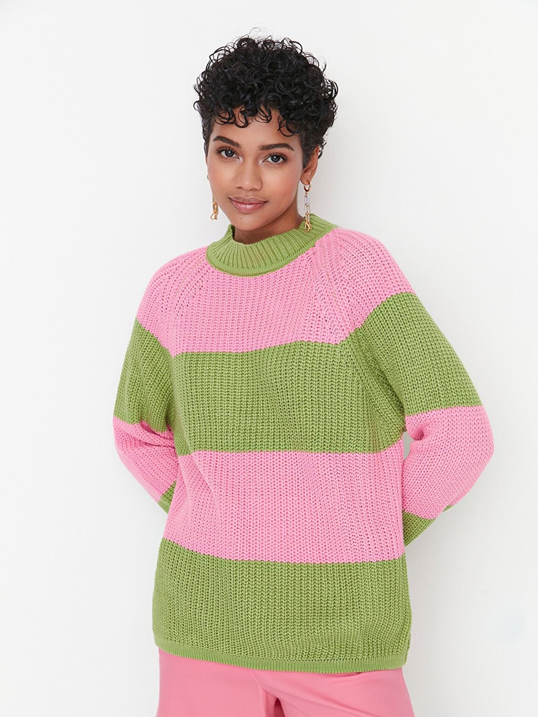 

Trendyol Women Green & Pink Striped Acrylic Pullover
