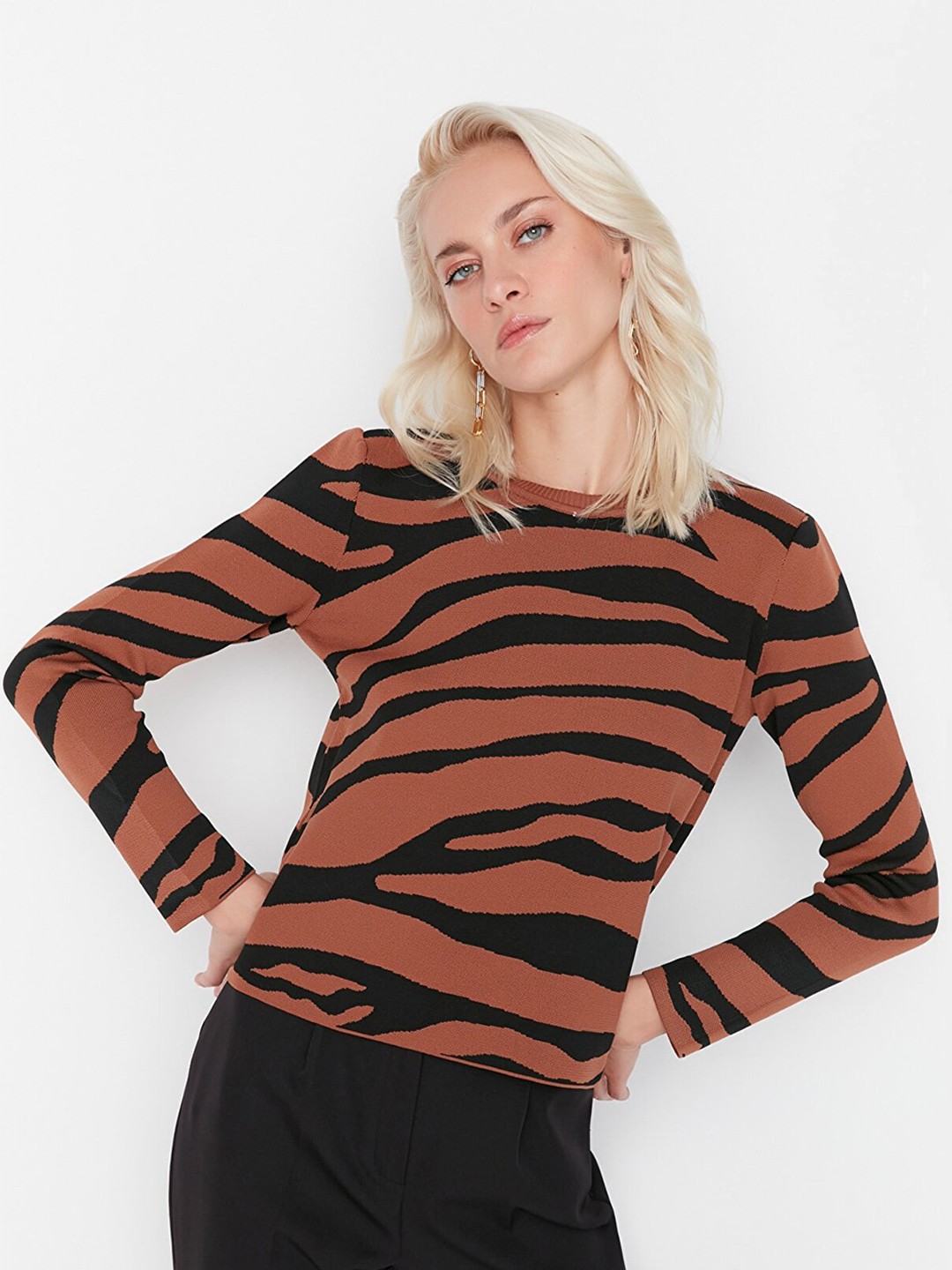 

Trendyol Women Animal Printed Pullover, Coffee brown