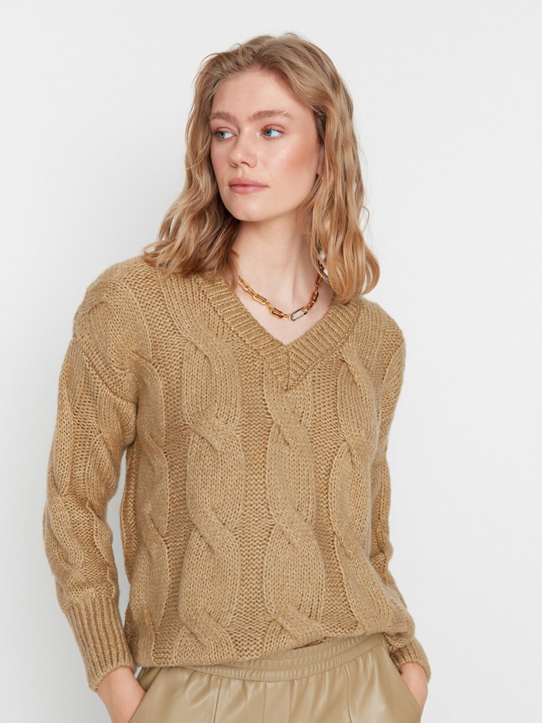 

Trendyol Women Camel Brown Cable Knit Pullover Sweater