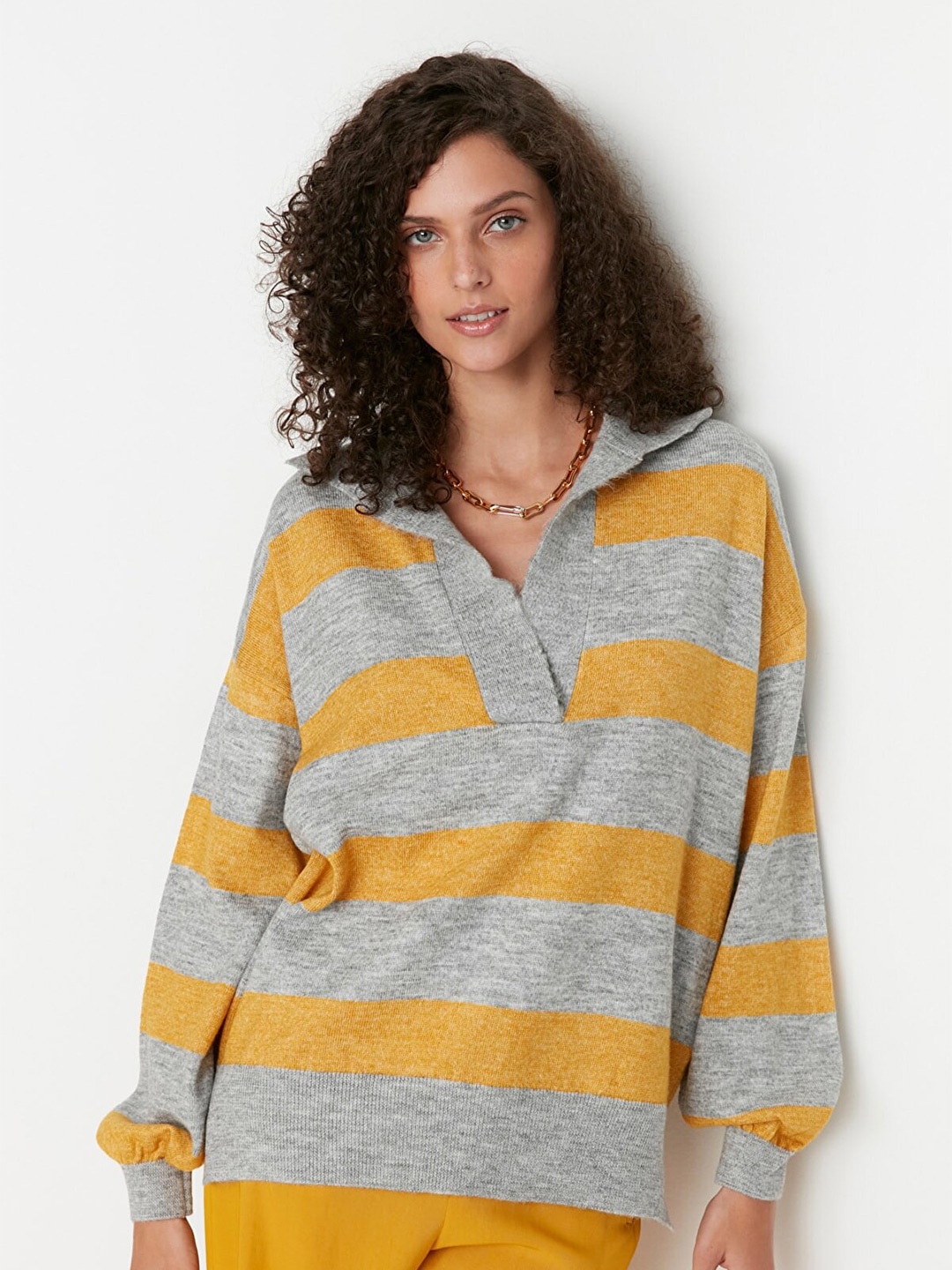 

Trendyol Women Mustard & Grey Striped Pullover Sweater