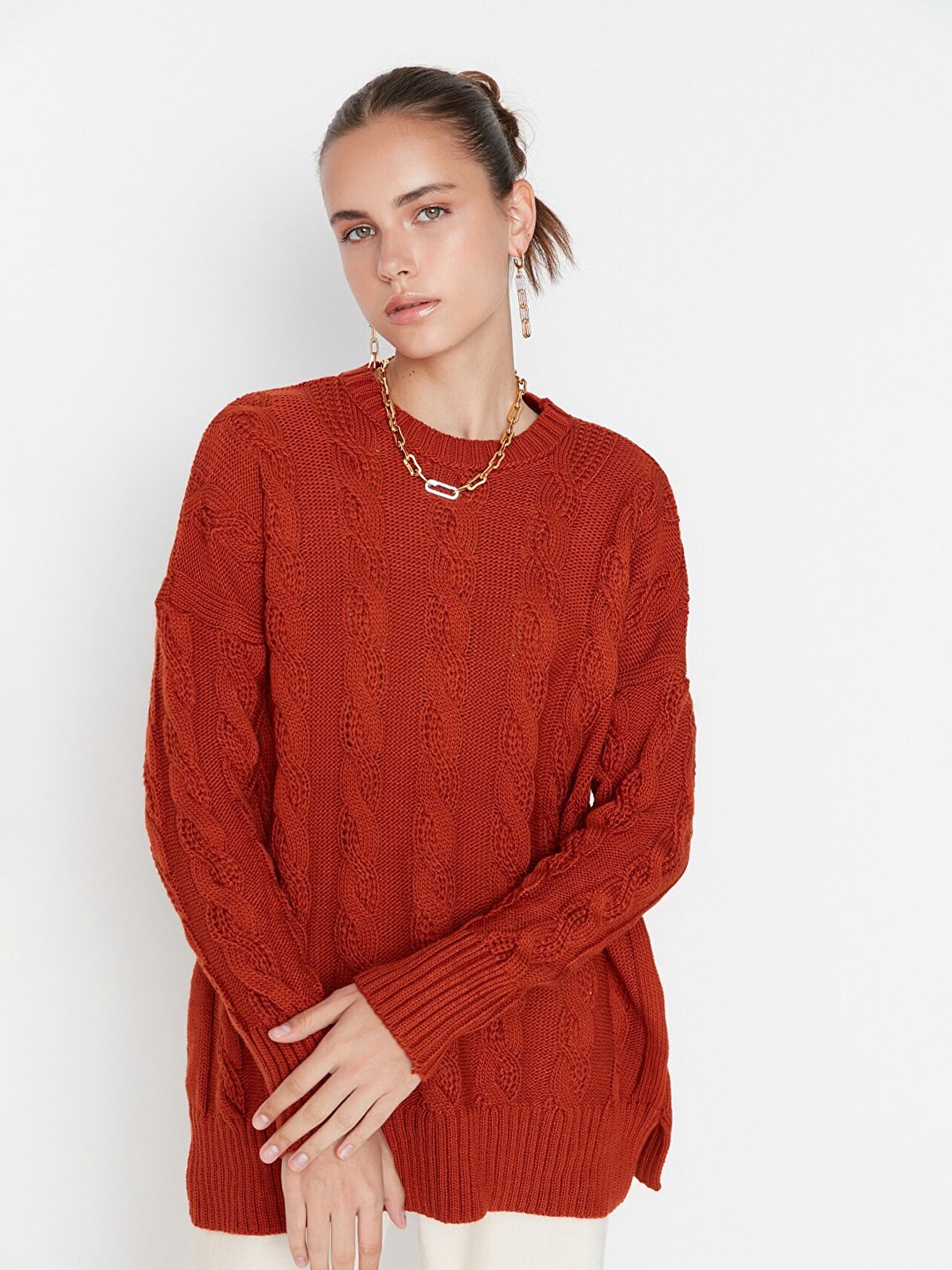 

Trendyol Women Rust Cable Knit Longline Pullover