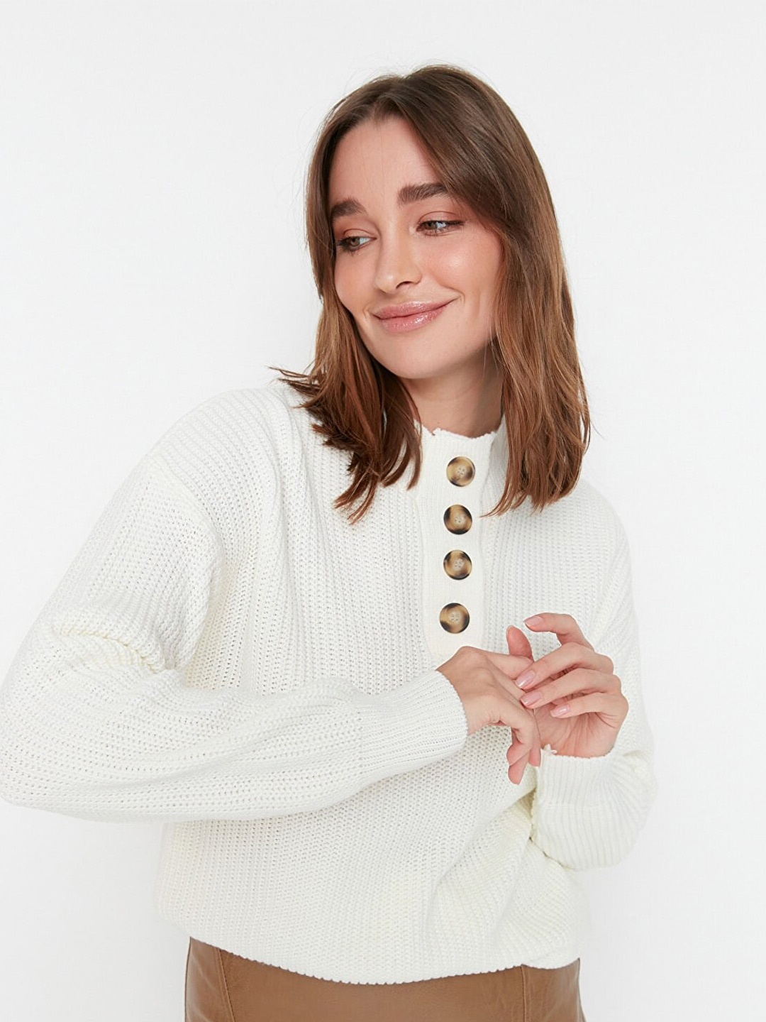 

Trendyol Women Off White Solid Acrylic Pullover Sweater With Button Detail