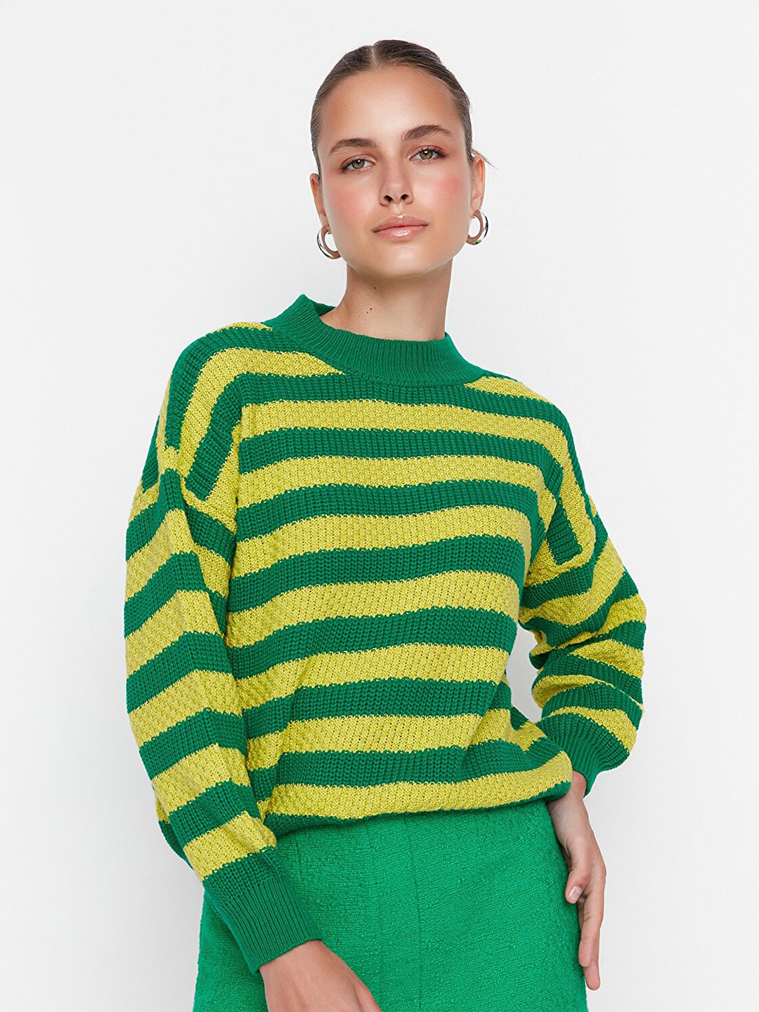 

Trendyol Women Green and Yellow Striped Drop Shoulder Acrylic Pullover Sweater