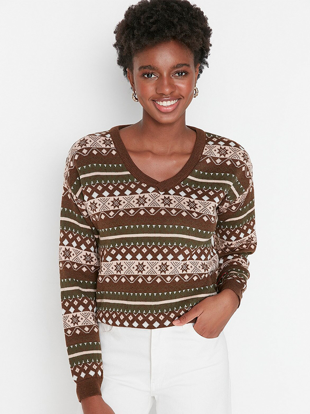 

Trendyol Women Brown Printed Acrylic Pullover Sweater