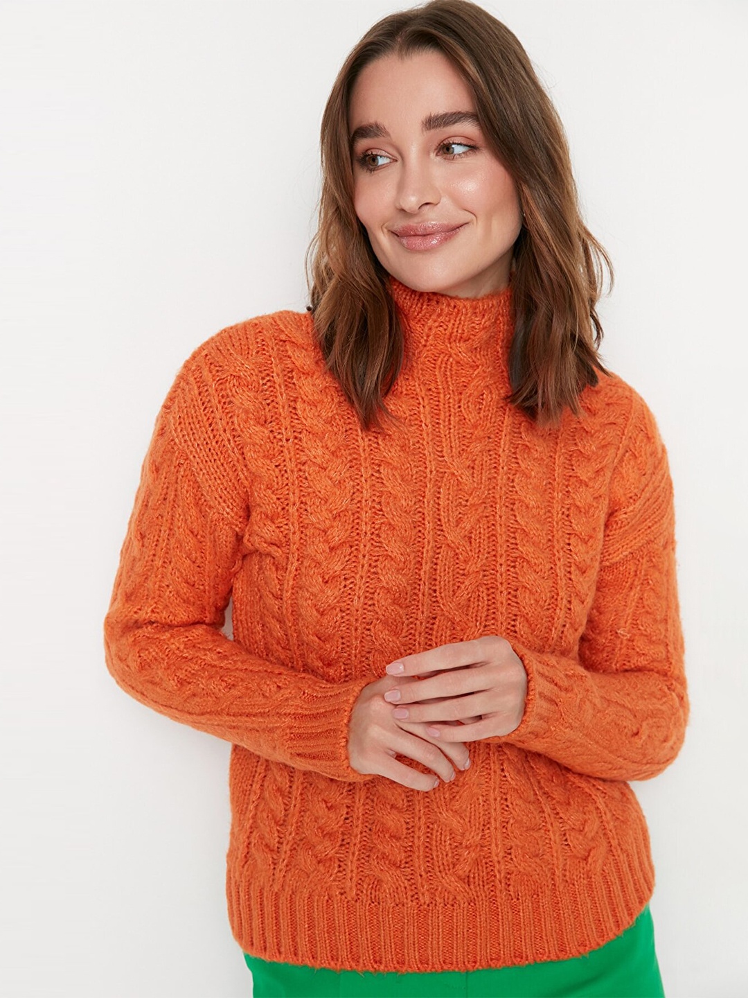 

Trendyol Women Orange Turtle Neck Cable Knit Pullover