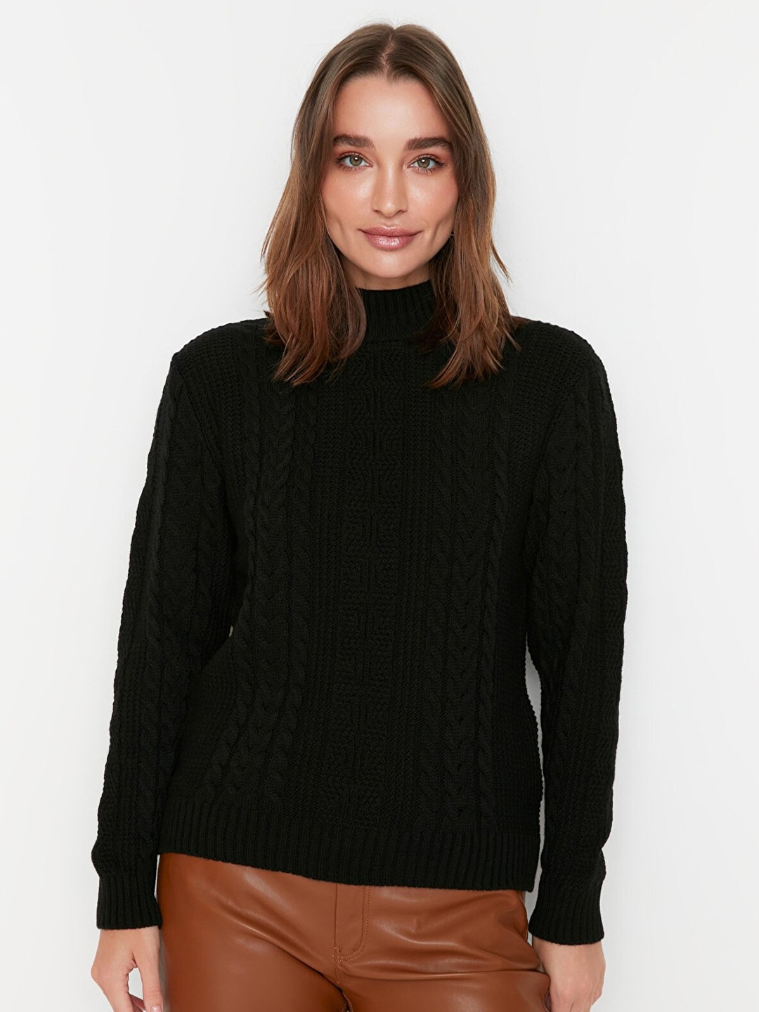 

Trendyol Women Black Cable Knit Turtle Neck Acrylic Pullover Sweater