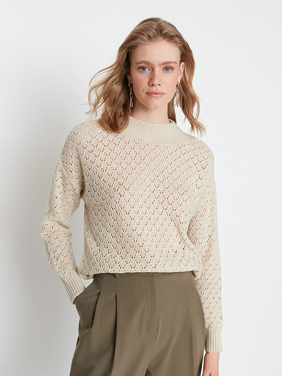 

Trendyol Women Beige Open Knit Acrylic Pullover