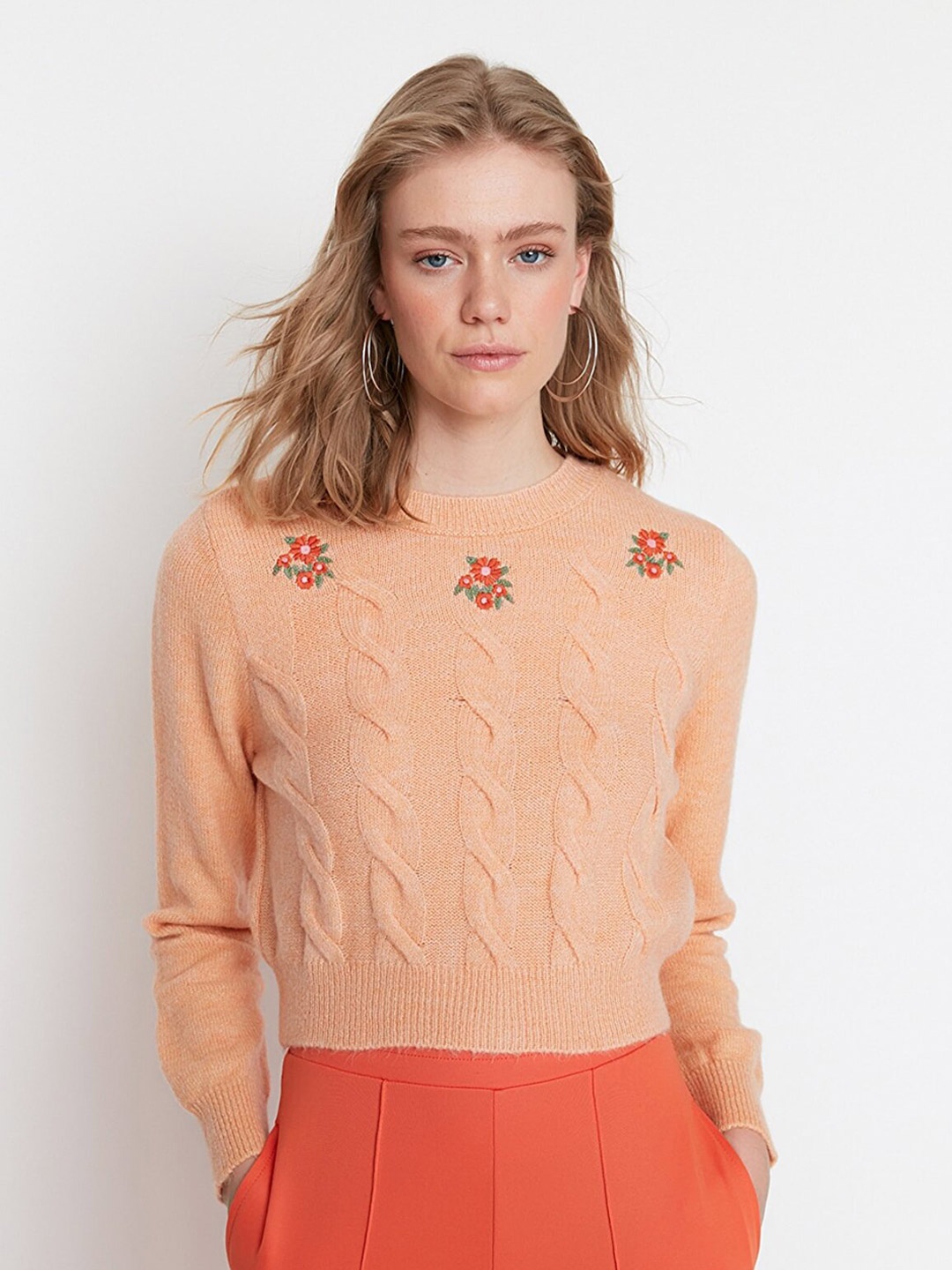 

Trendyol Women Orange Cable Knit Pullover with Embroidered Detail