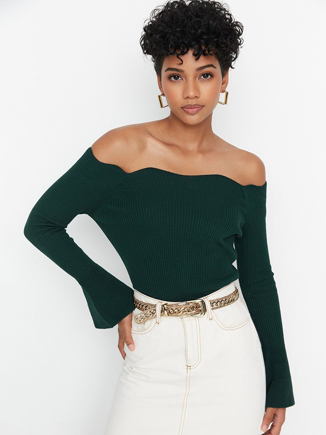 

Trendyol Women Green Off-Shoulder Crop Top