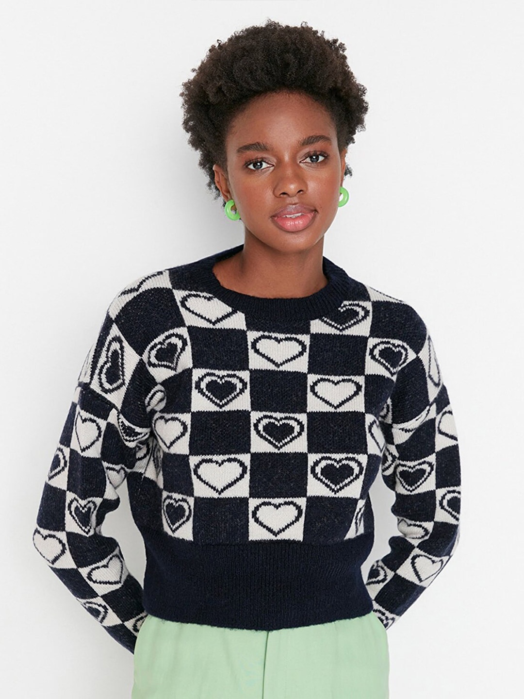 

Trendyol Women Navy Blue & White Printed Acrylic Pullover