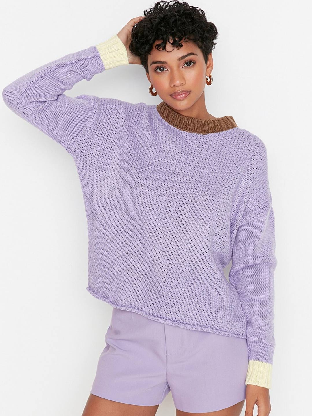 

Trendyol Women Violet & Brown Acrylic Cable Knit Pullover