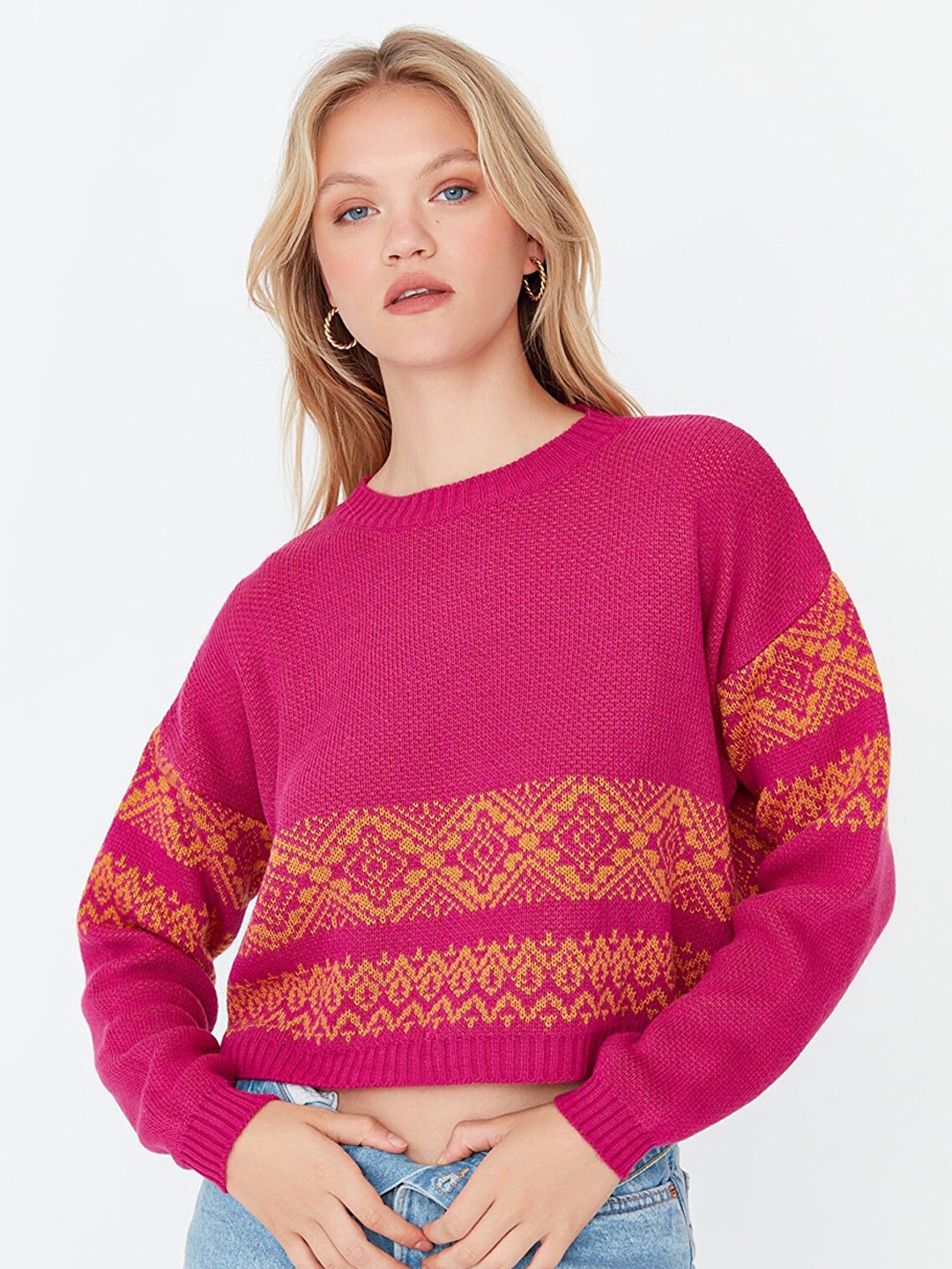 

Trendyol Women Fuchsia & Orange Printed Crop Pullover