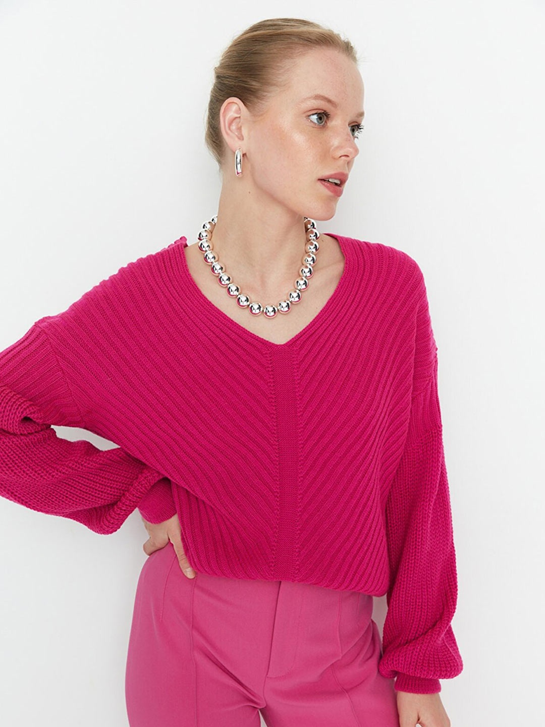 

Trendyol Women Fuchsia Ribbed Pullover