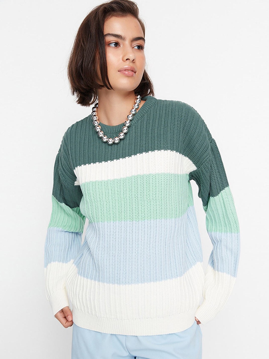 

Trendyol Women Green & Turquoise Blue Colourblocked Acrylic Pullover