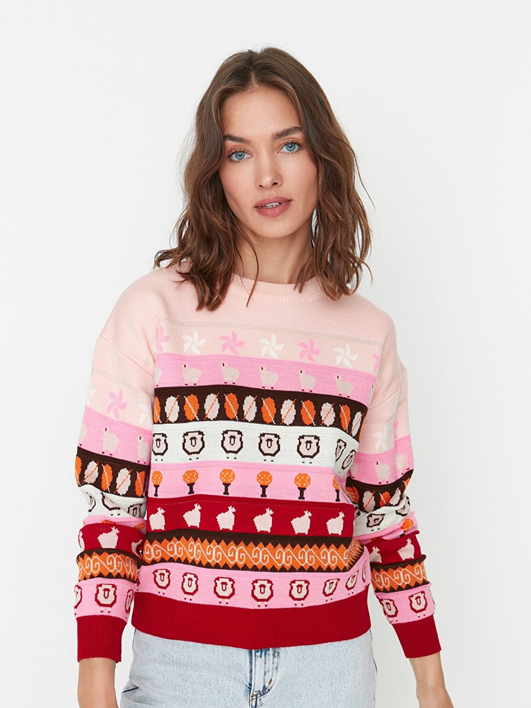 

Trendyol Women Pink & Maroon Printed Pullover