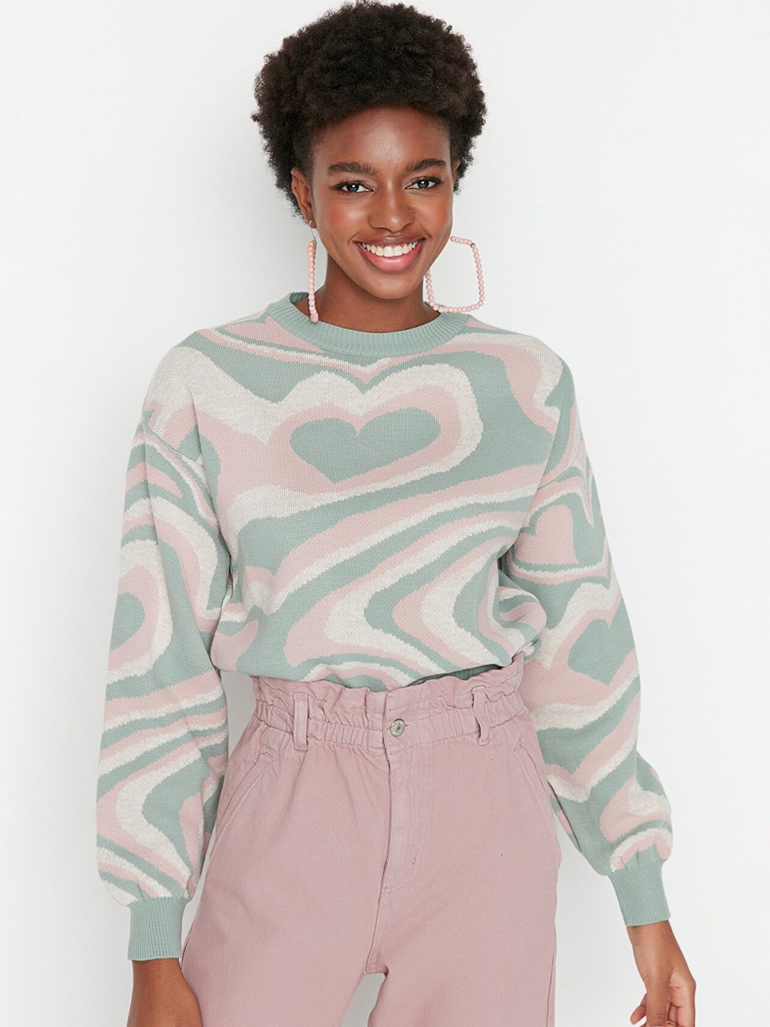 

Trendyol Women Sea Green & Pink Printed Pullover