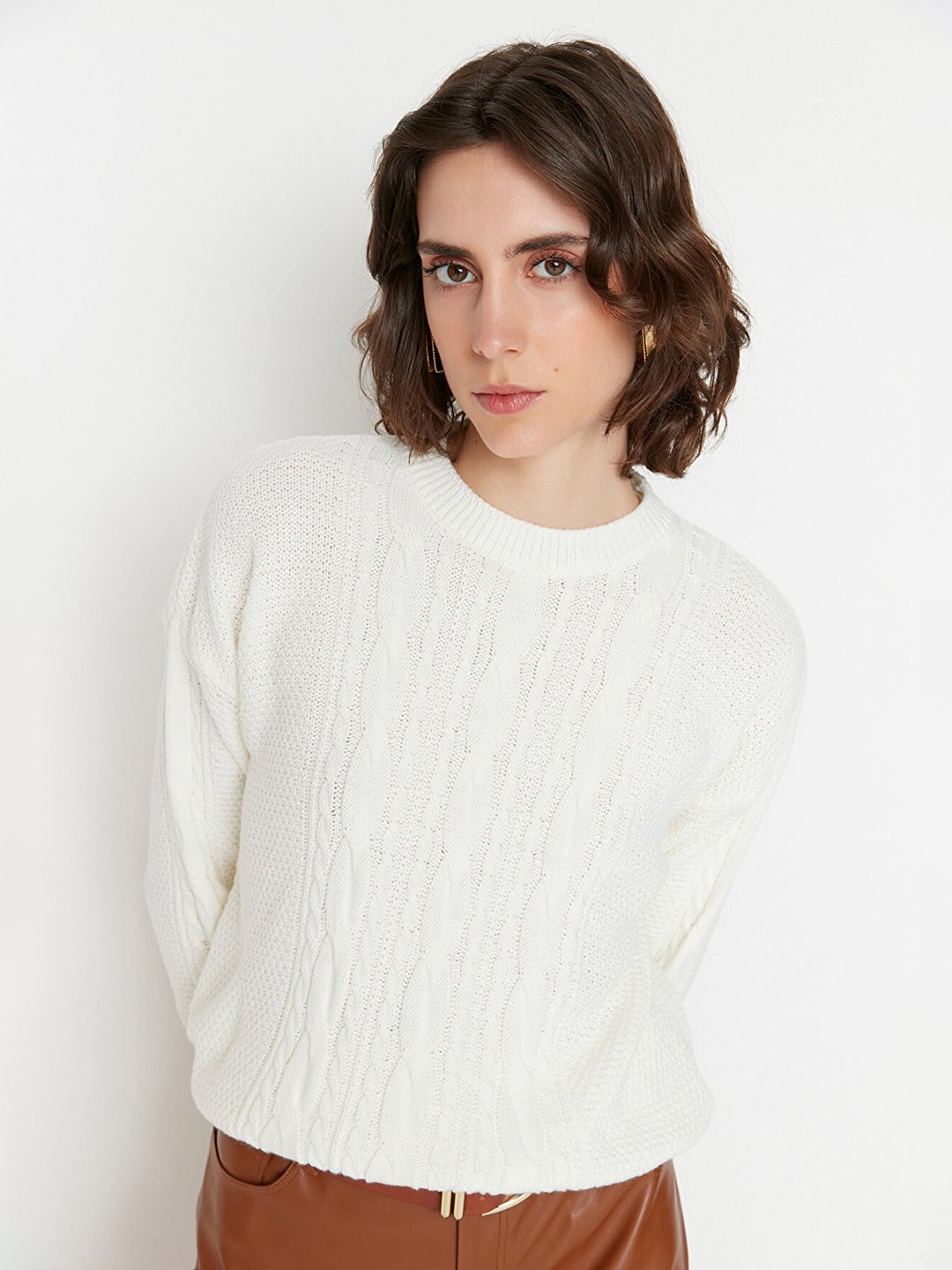 

Trendyol Women Off White Cable Knit Acrylic Pullover