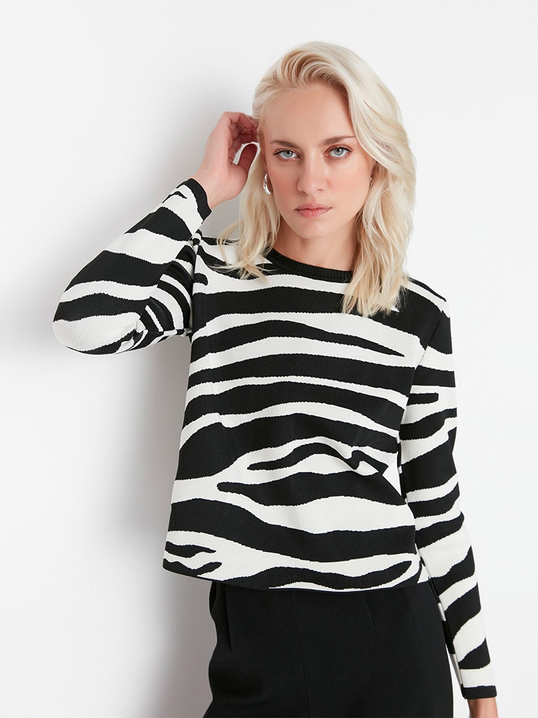 

Trendyol Women Black & White Animal Striped Pullover