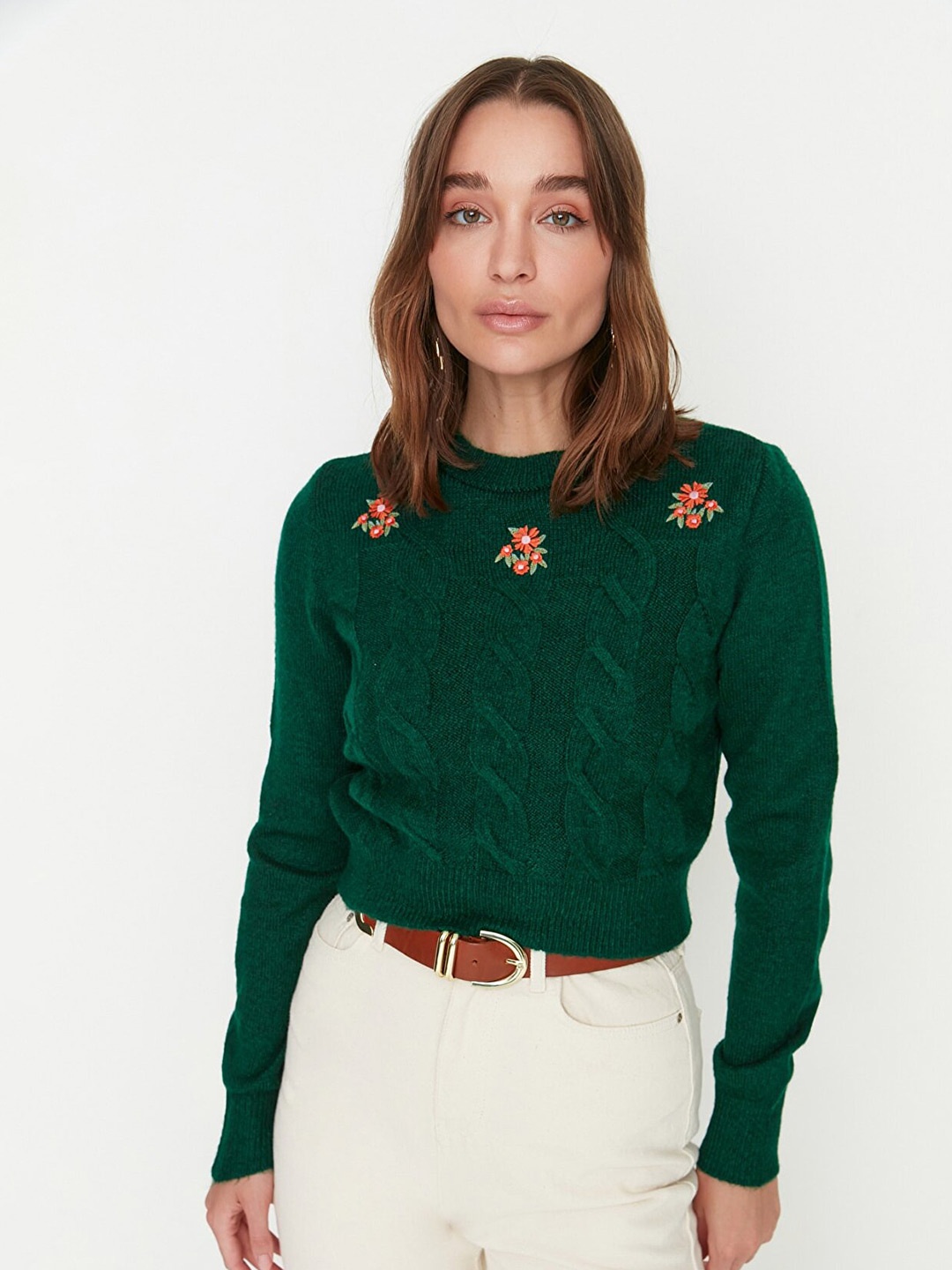

Trendyol Women Green Cable Knit Crop Pullover with Embroidered Detail