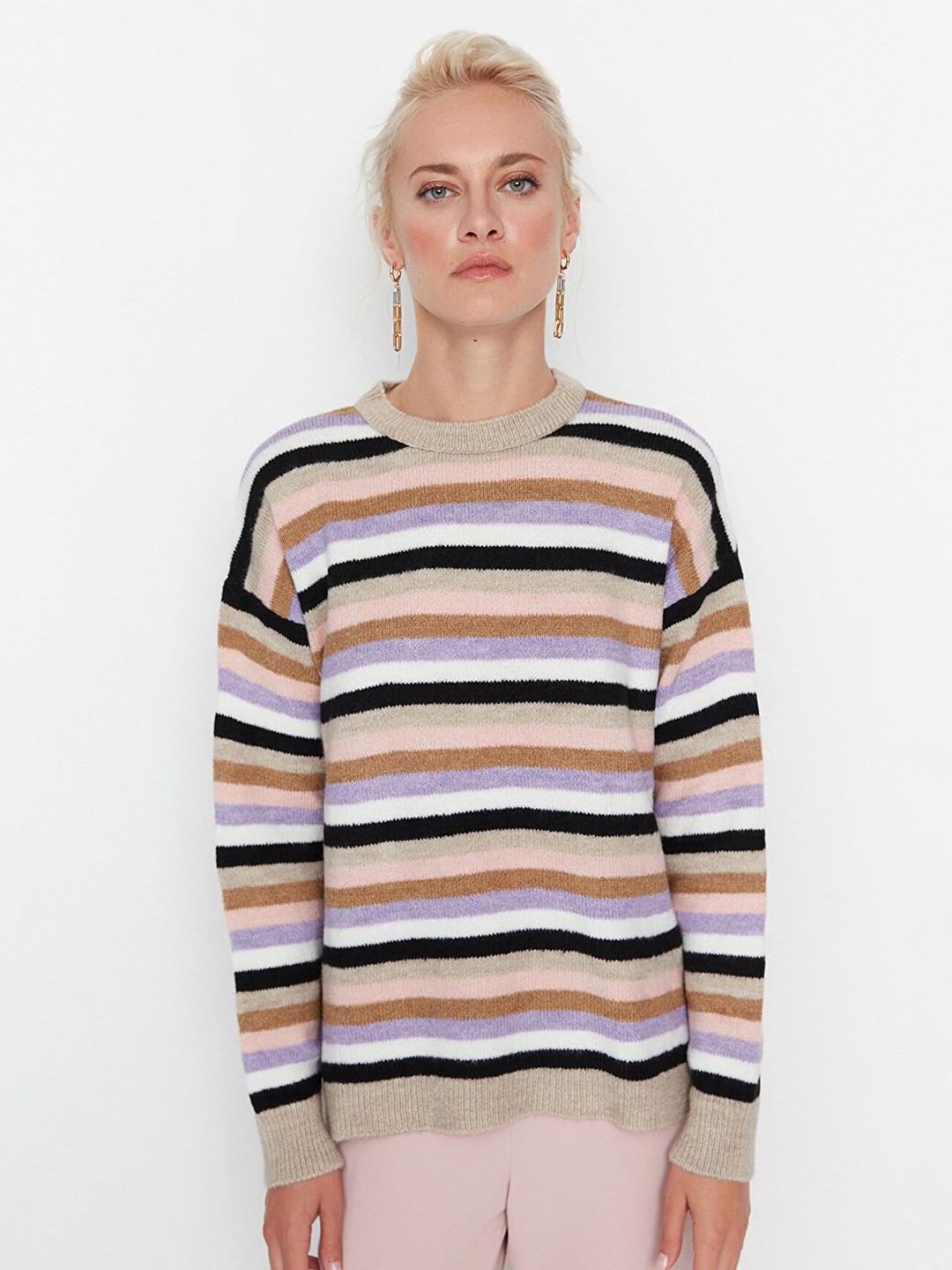 

Trendyol Women Beige & Black Striped Pullover