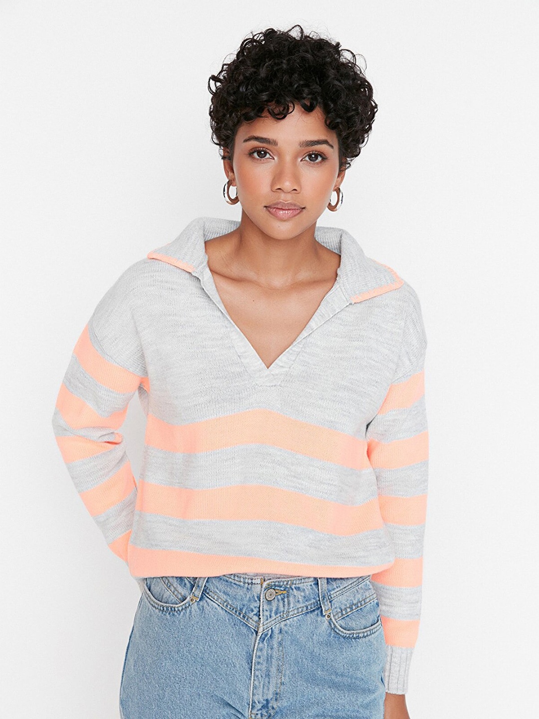 

Trendyol Women Grey & Orange Striped Pullover