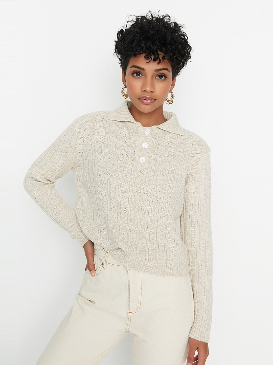 

Trendyol Women Striped Acrylic Pullover, Cream